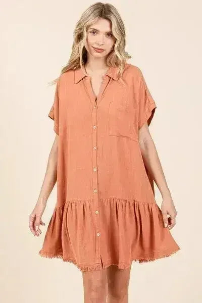 Ginger Linen Blend Button Down Shirt Mini Dress – Stylish - Femstylo