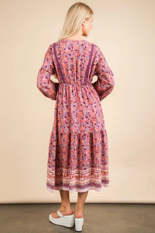 Floral Printed Boho V-Neck Balloon Sleeve Dress For Summer – Boho V-Neck Dress, Balloon Sleeve Dress, Floral Printed Dress, Feminine Boho Dress, Chic Summer Dress