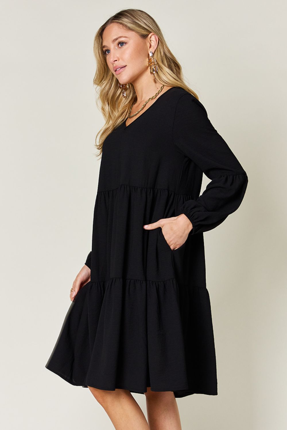 Light Green Double Take Full Size V-Neck Sleeve Tiered Dress with Pockets Elegant & Comfortable Casual Dress