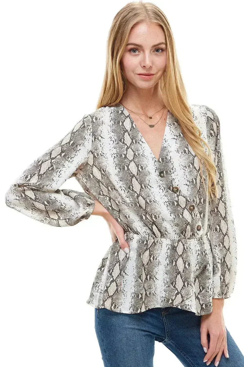 Snake V neck Button Front Peplum Long Sleeve Blouse Top | Femstylo