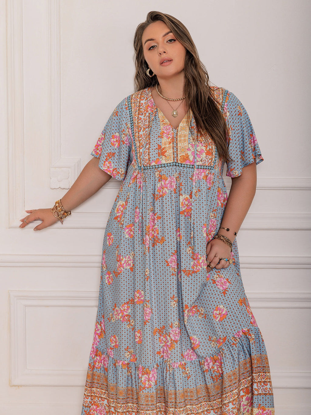 Pink Purple Plus Size Printed Flutter Sleeve Maxi Dress Elegant & Flowy Dress Unique Design