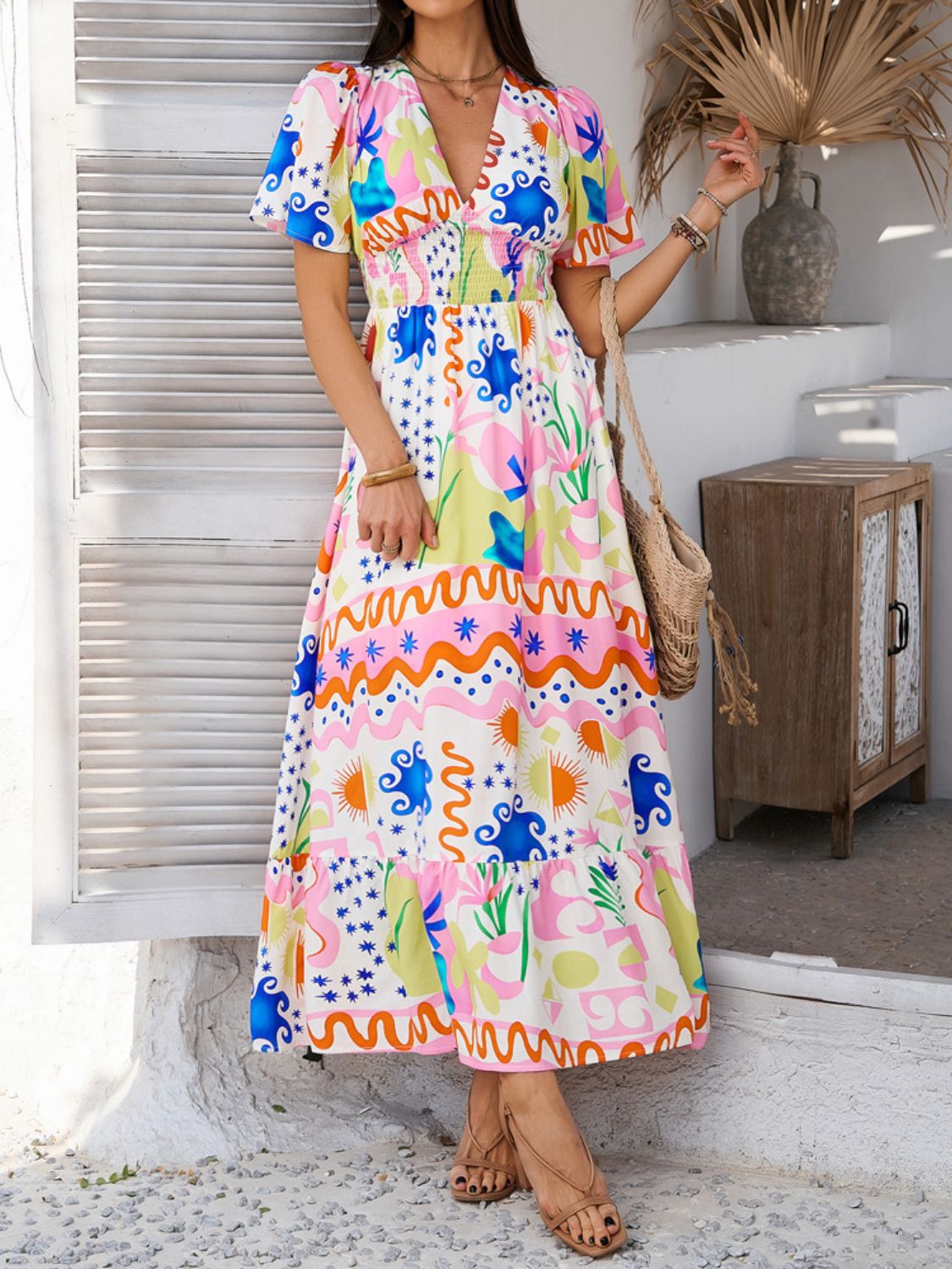 Elegant Printed V-Neck Short Sleeve Maxi Dress Beautiful Casual Women Long Dress