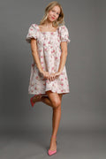 Heart Jacquard Square Neck Puff Sleeve Mini Dress – Romantic Heart Jacquard Dress, Puff Sleeve Dress, Square Neck Mini Dress, Chic Date Night Dress, Elegant Puff Sleeve Dress