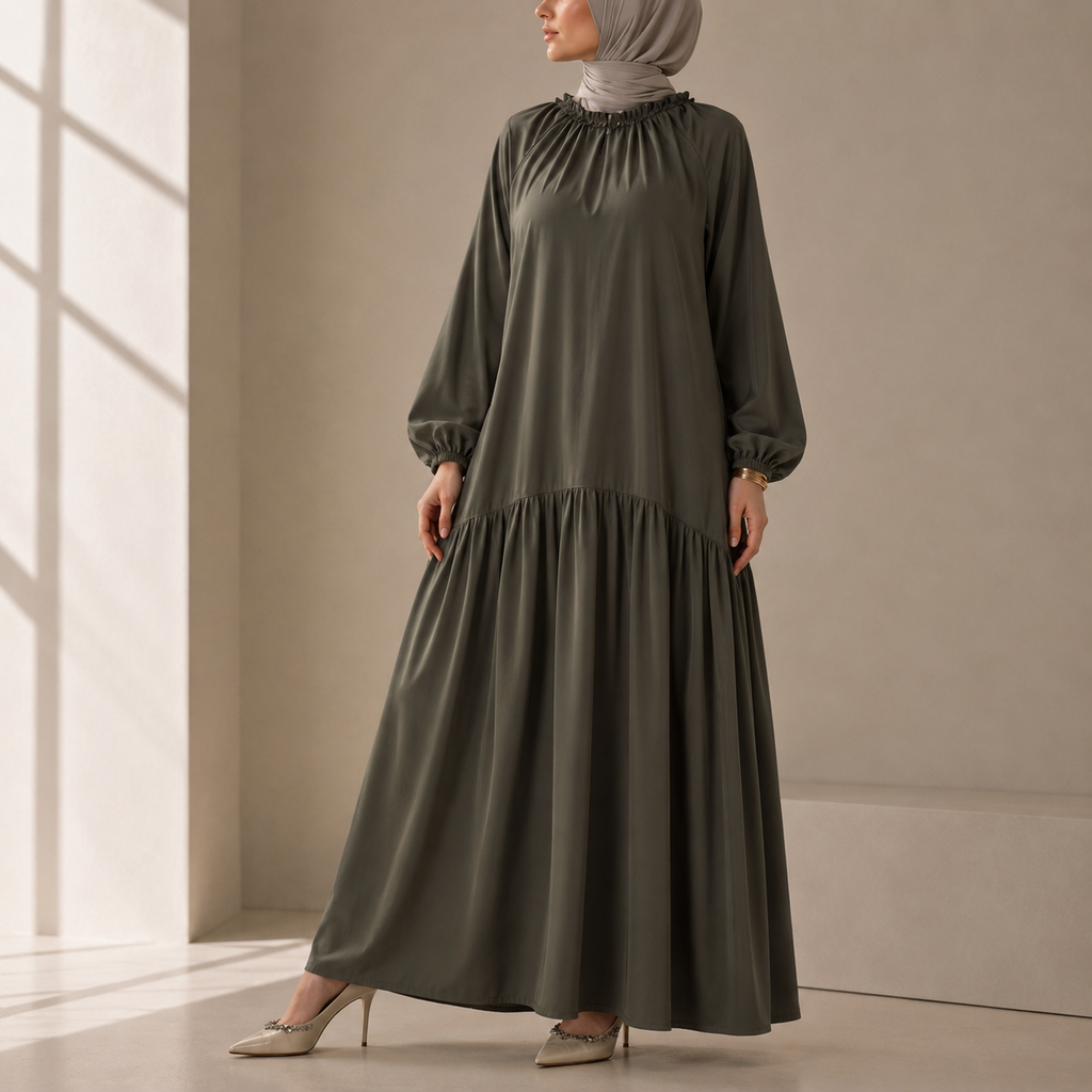 Ruffle Trim Pleated Relaxed Maxi Dress with Waist Tie(MA424)