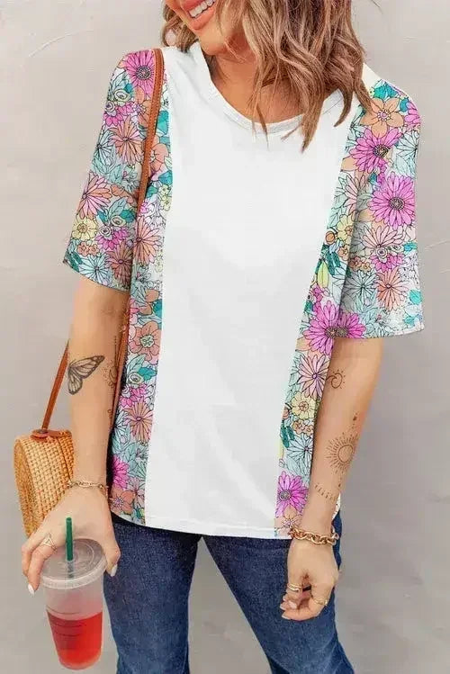 Floral Patchwork Top - Short Sleeve Summer Tee | Femstylo