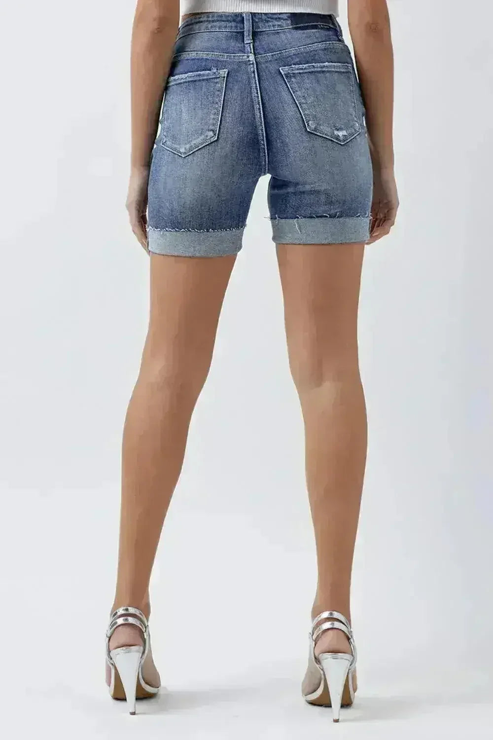 RISEN Full Size Distressed Rolled Denim Shorts with Pockets
