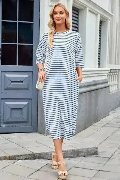 Lovelet Contrast Striped Half Sleeve Midi Tee Dress