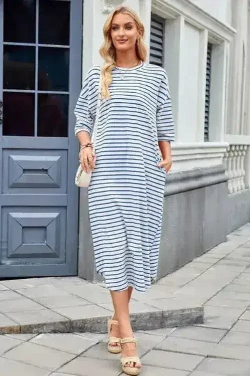 Lovelet Contrast Striped Half Sleeve Midi Tee Dress