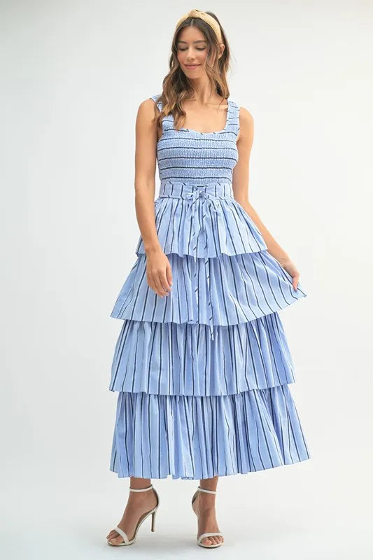Pin Stripe Smocked Bodice Layered Midi Dress – Smocked Bodice Dress, Fluttering Pinstripe Midi Dress, Layered Midi Dress, Trendy Midi Dress, Flattering Pinstripe Dress