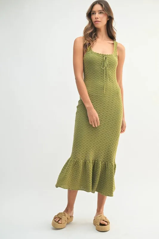 Ruffled Hem Sleeveless Crochet Knit Midi Dress For Women – Crochet Knit Dress, Unique Ruffled Hem Dress, Sleeveless Midi Dress, Summer Midi Dress, Elegant Crochet Dress