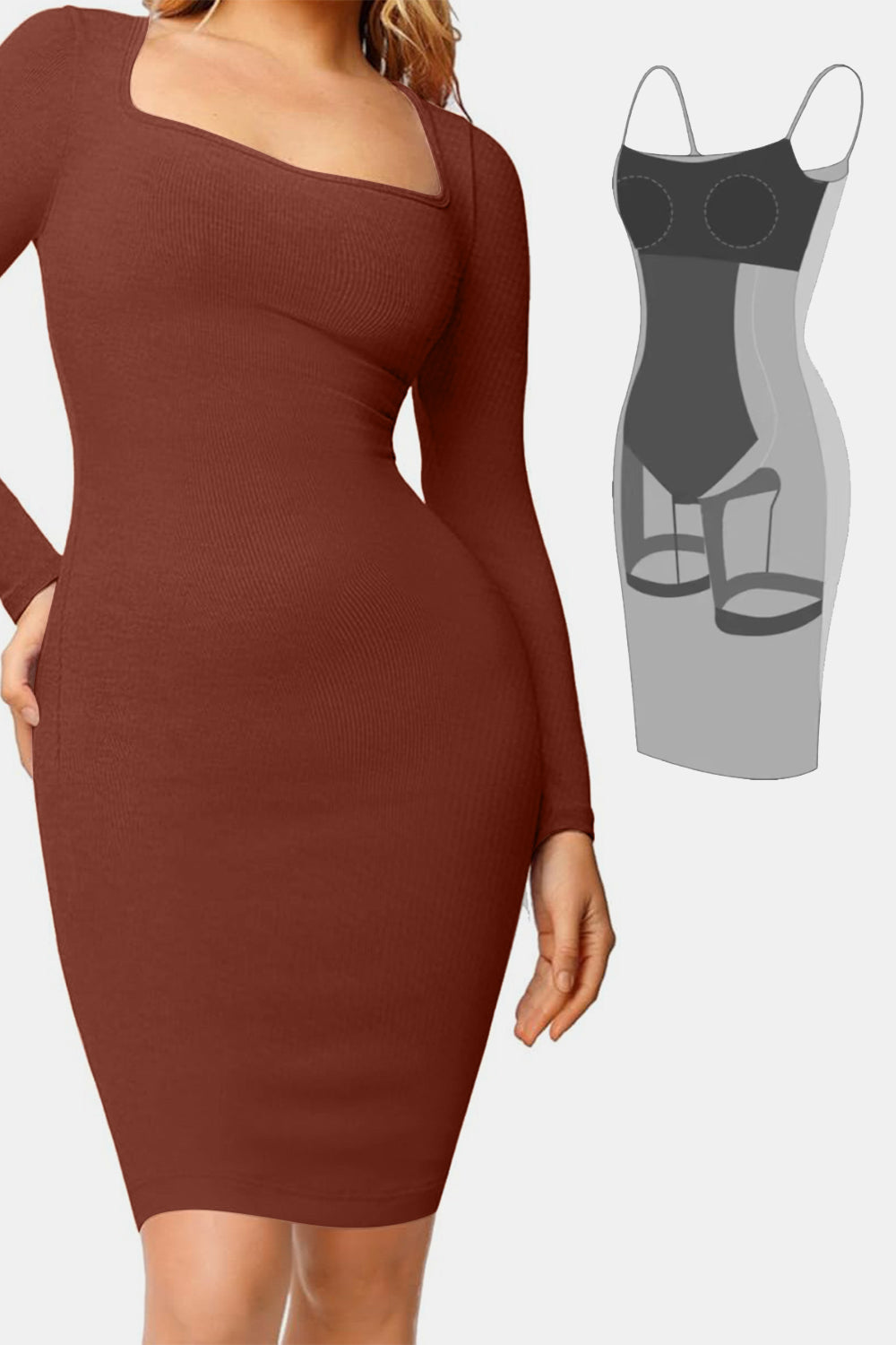 Elegant Black Full Size Built-In Shapewear Square Neck Long Sleeve Dress Sculpting Fit Dress for Women