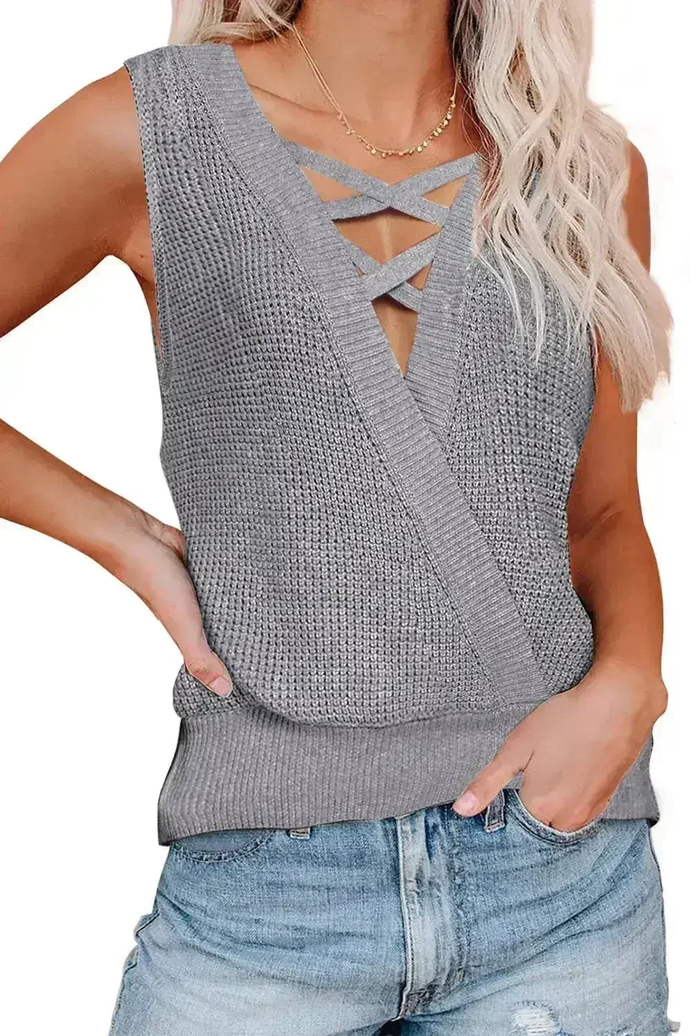 Gray Crisscross Hollow-out Knit Tank Top