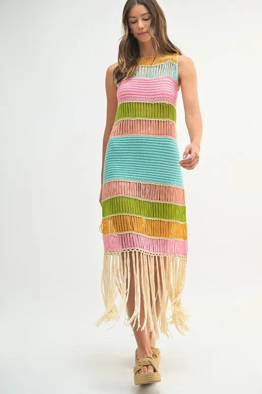 Multi Color Fringed Crochet Knit Dress For Women – Crochet Knit Dress, Fringed Dress, Multi-Color Dress, Bohemian Knit Dress, Festival Dress