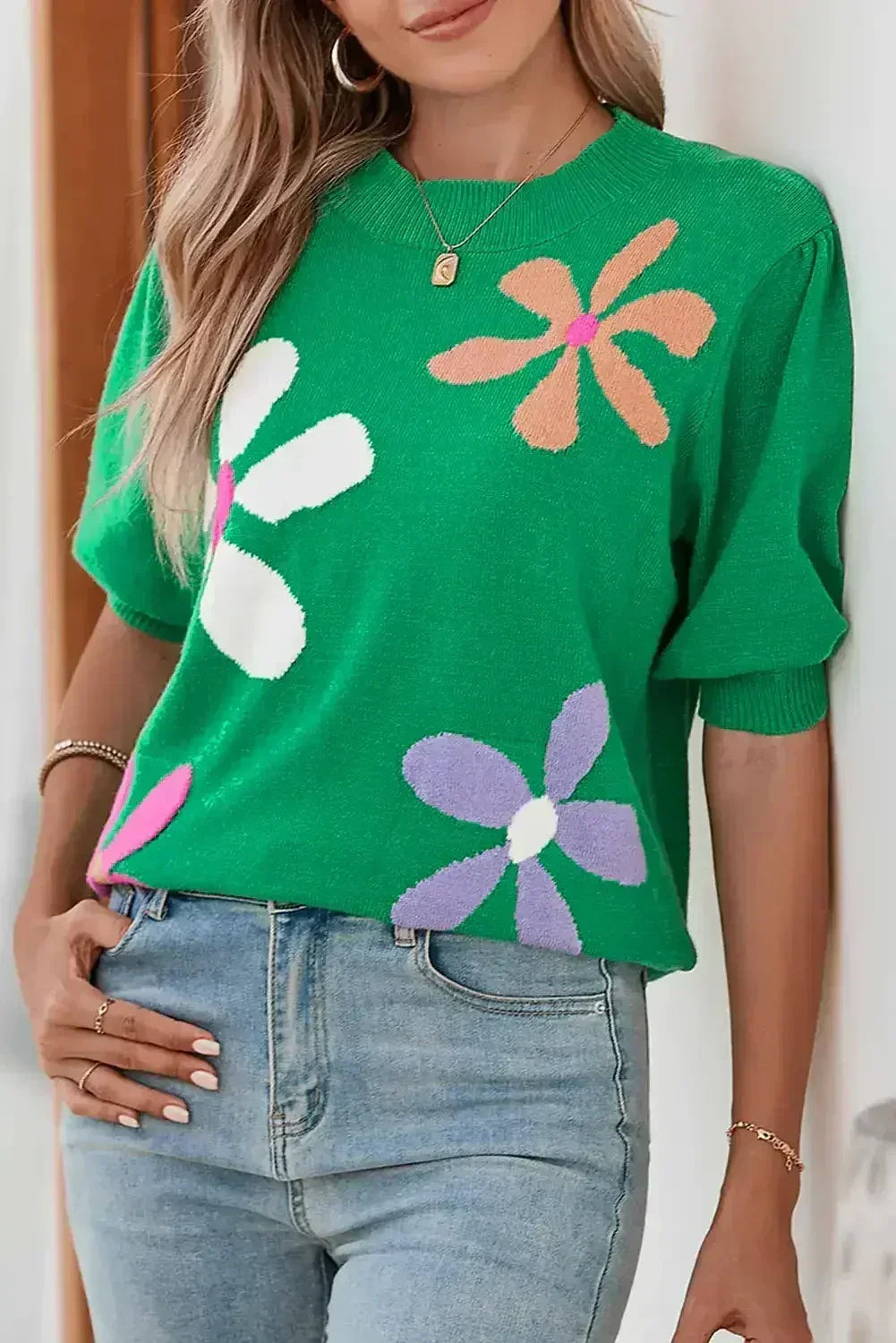 Bright Green 60s Floral Bubble Short Sleeve Knitted Top
