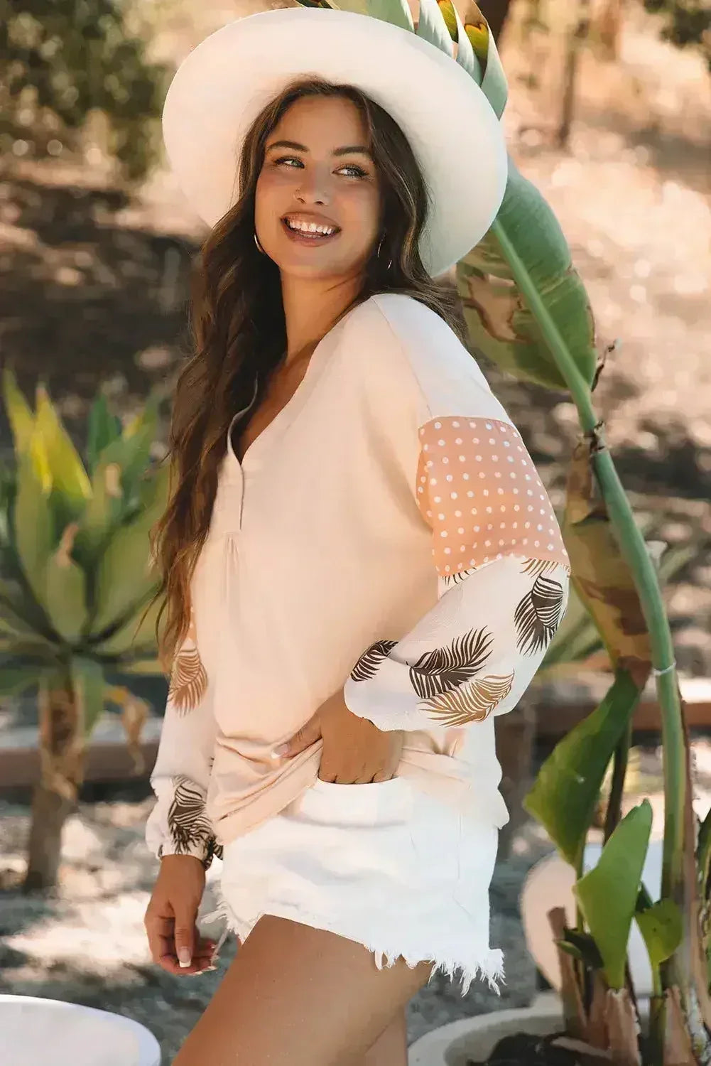 Puff Sleeve Patchwork Blouse - Tropical Print Top | Femstylo