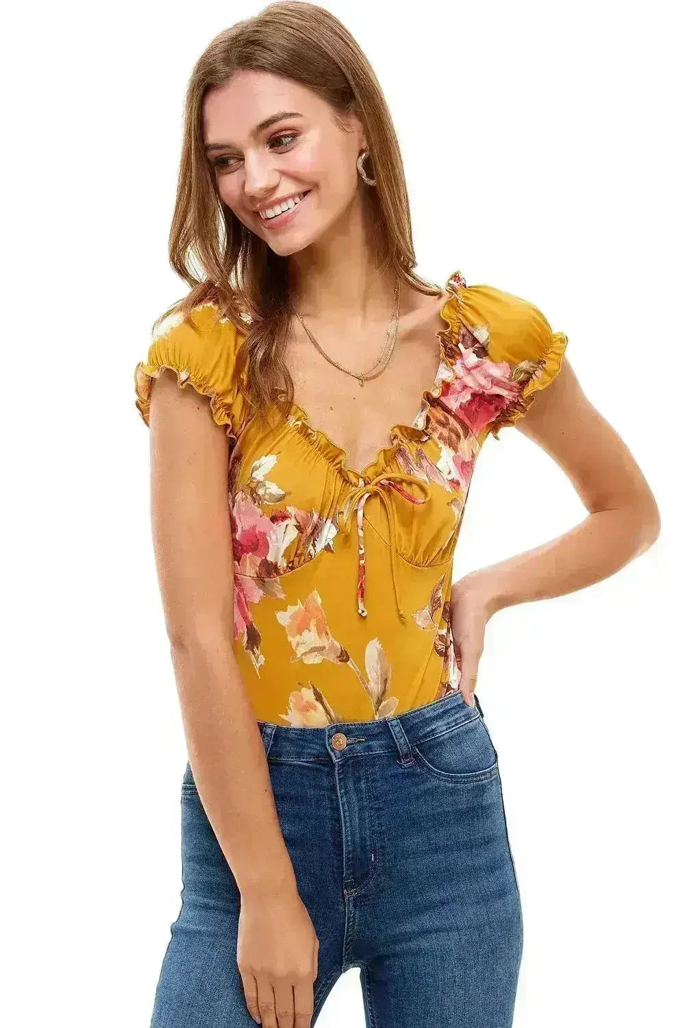 Floral Print Peasant Puff Sleeve Bodysuit USA - Femstylo