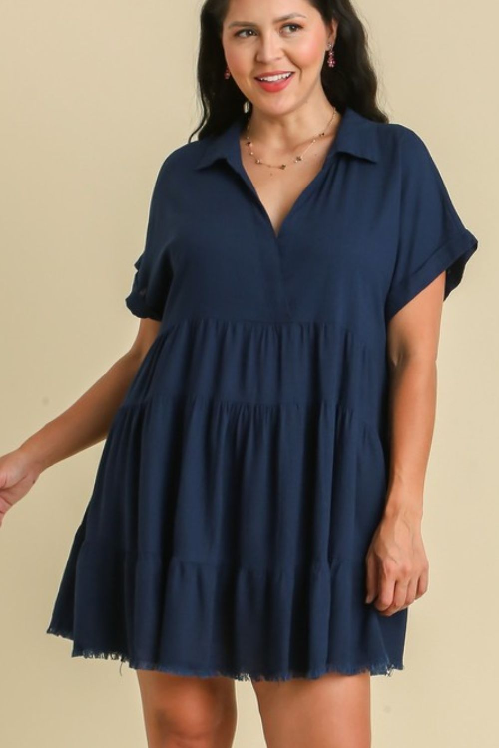 Women Dark Navy Full Size Raw Hem Folded Sleeve Dress Casual Plus Size Simple Dress