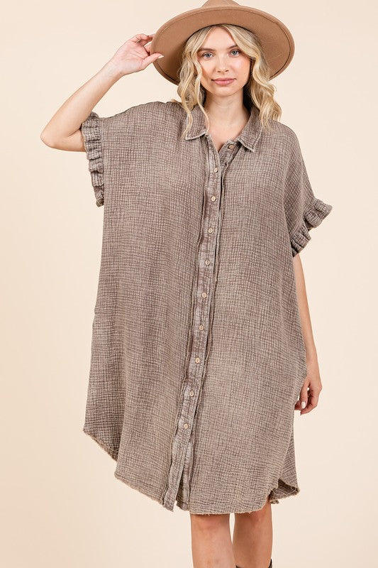 Mineral Wash Cotton Gauze Mini Shirt Dress For Women – Casual, Relaxed Fit with Charming Ruffle Sleeves and Practical Pockets