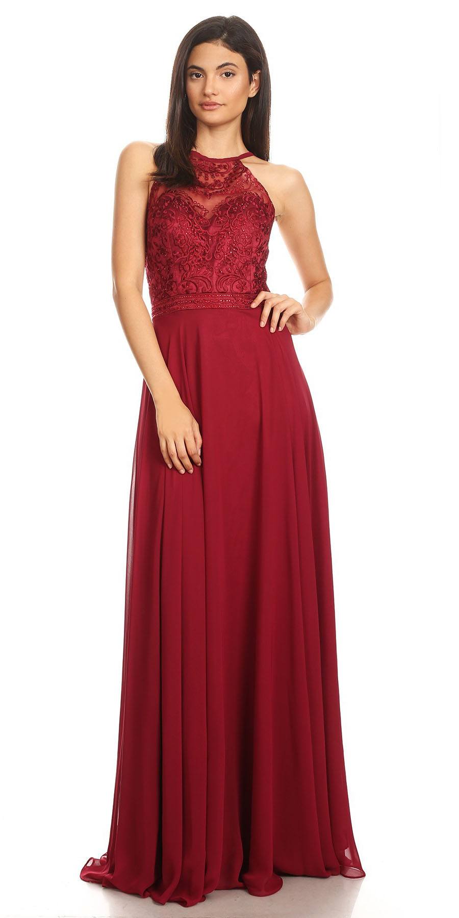 CLEARANCE - Eureka 8111 Chiffon Halter A-line Long Dress Lace Appliqued Bodice (Size L)
