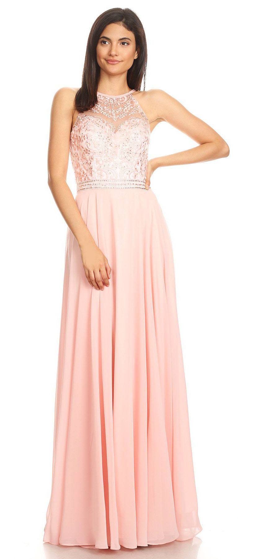 CLEARANCE - Eureka 8111 Chiffon Halter A-line Long Dress Lace Appliqued Bodice (Size L)