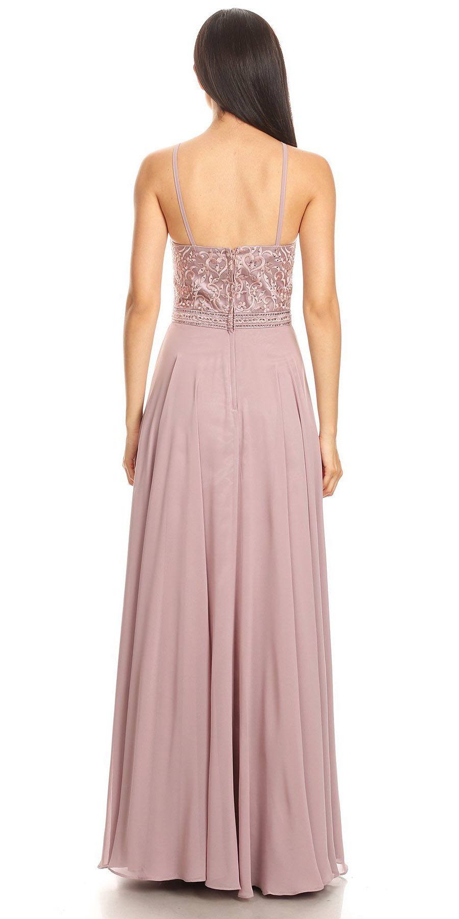 CLEARANCE - Eureka 8111 Chiffon Halter A-line Long Dress Lace Appliqued Bodice (Size L)