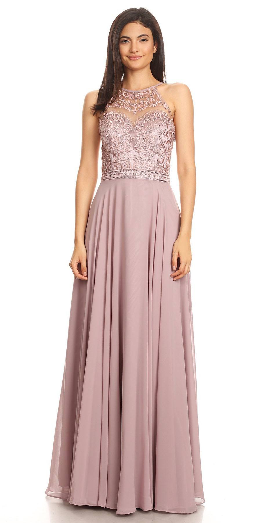 CLEARANCE - Eureka 8111 Chiffon Halter A-line Long Dress Lace Appliqued Bodice (Size L)