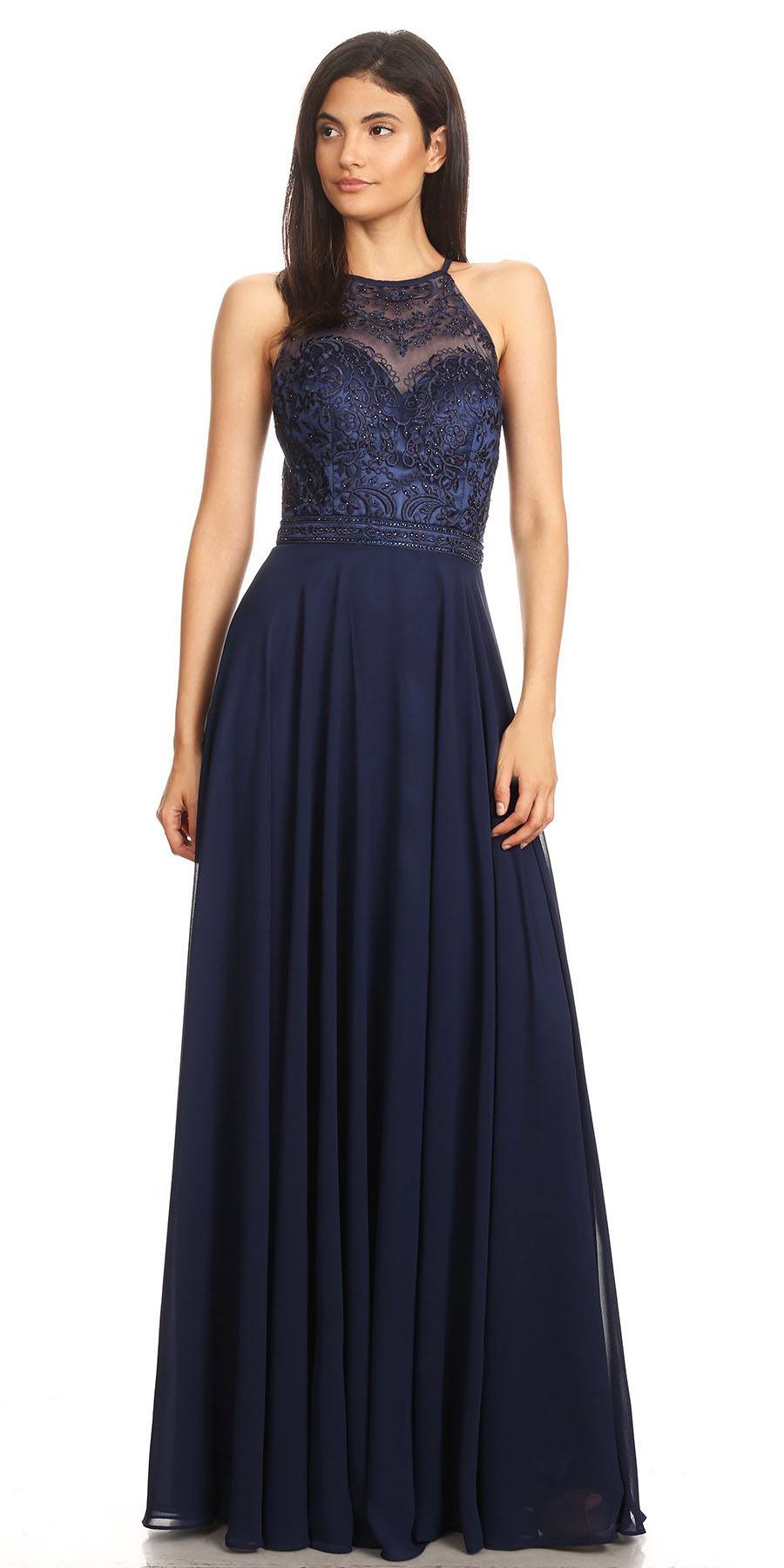 CLEARANCE - Eureka 8111 Chiffon Halter A-line Long Dress Lace Appliqued Bodice (Size L)