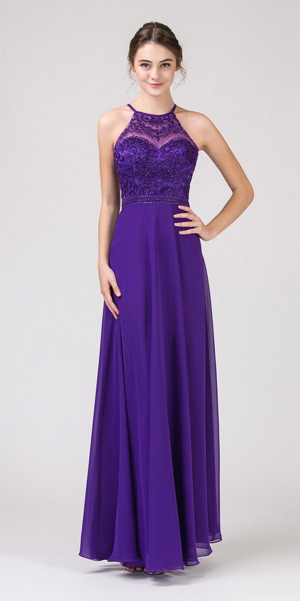 CLEARANCE - Eureka 8111 Chiffon Halter A-line Long Dress Lace Appliqued Bodice (Size L)