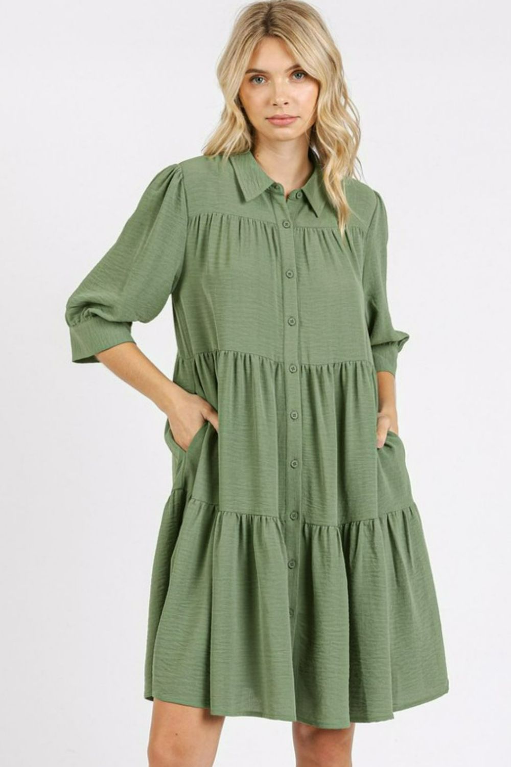 Button Detail Collared Neck Tiered Shirt Dress – Elegant Buttoned Shirt Dress with Tiered Design and Classic Collar