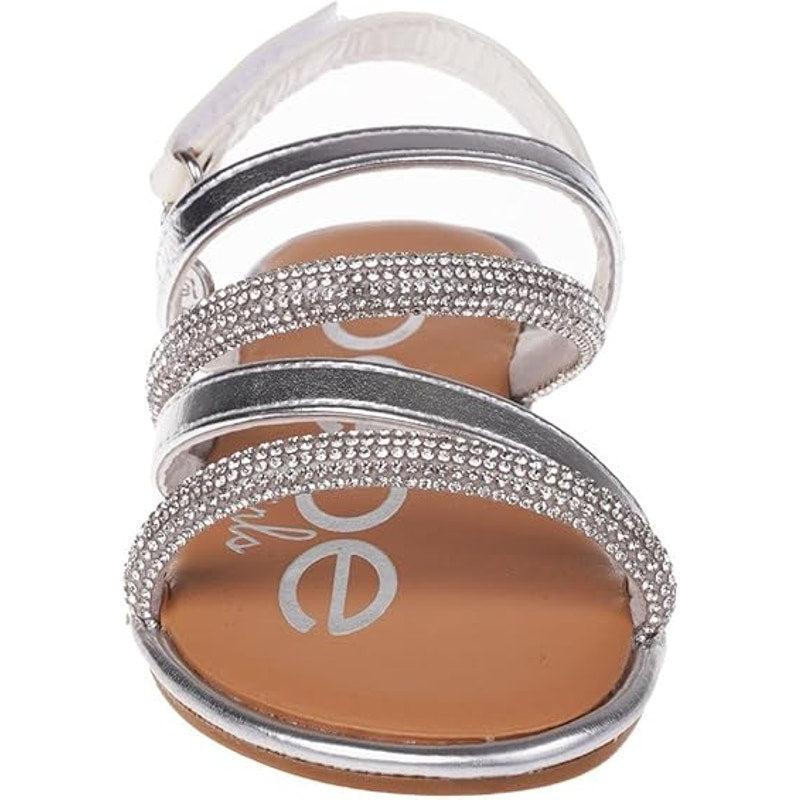 Bebe Little Girls Size 12 Silver Rhinestone Hook Loop Open Toe Flat Sandal Shoes