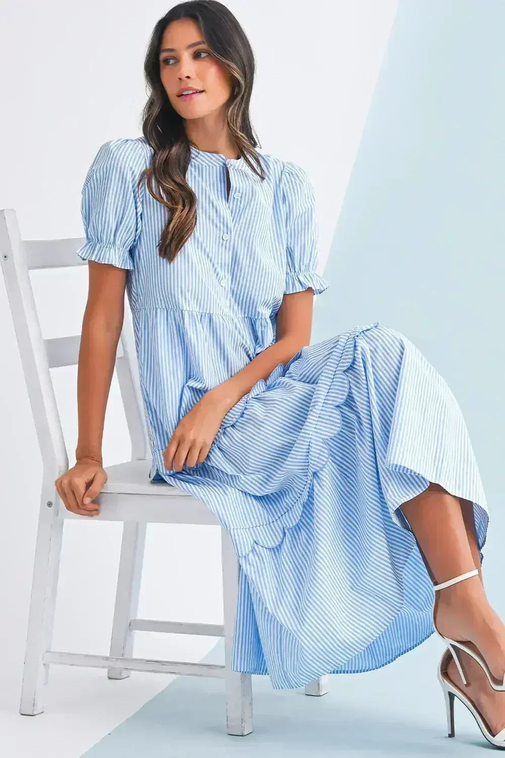 Sky Blue Stripe Bubble Sleeve Scallop Tiered Dress