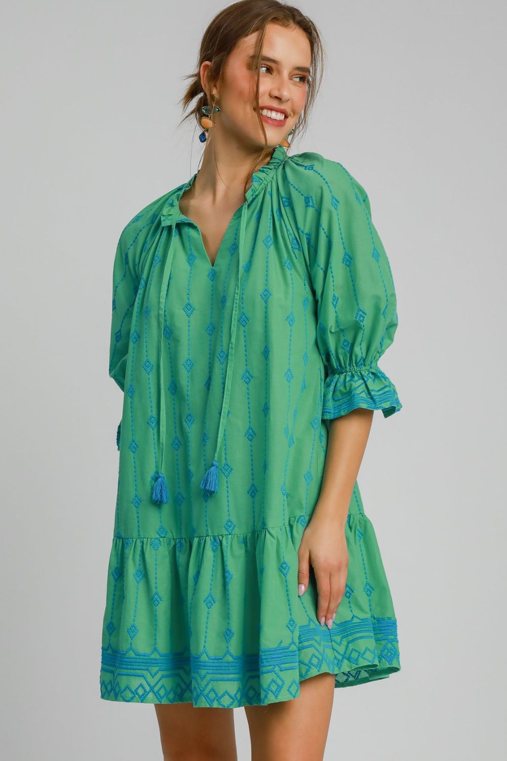 Full Size Tassel Embroidered Sleeve Mini Dress Plus Size Feminine & Stylish Green Dress