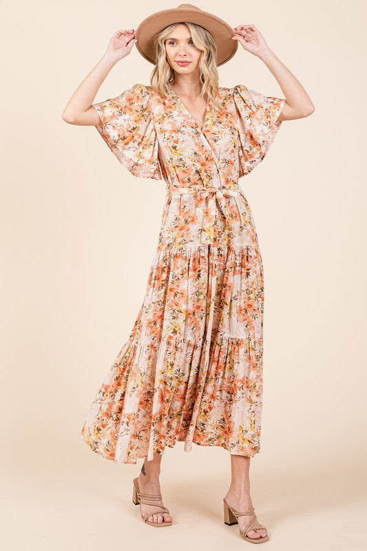 New Summer Floral Tie Waist Flutter Sleeve Tiered Dress – Graceful and Feminine Dress with Bohemian Charm and Flattering Tie Waist