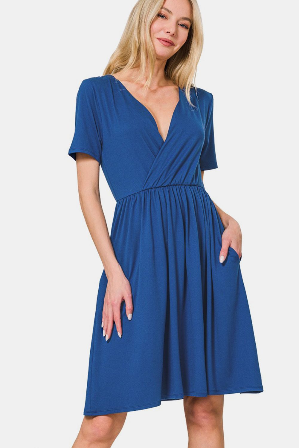 Surplice Short Sleeve Brushed DTY Dress – Elegant, Stylish Surplice Neckline, Soft Brushed Fabric, Comfortable All-Day Wear