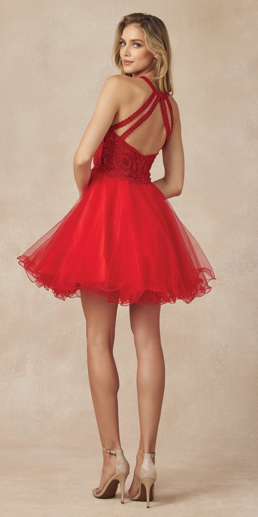 Juliet 826 Fit-and-Flare Halter Neck Short Party Dress