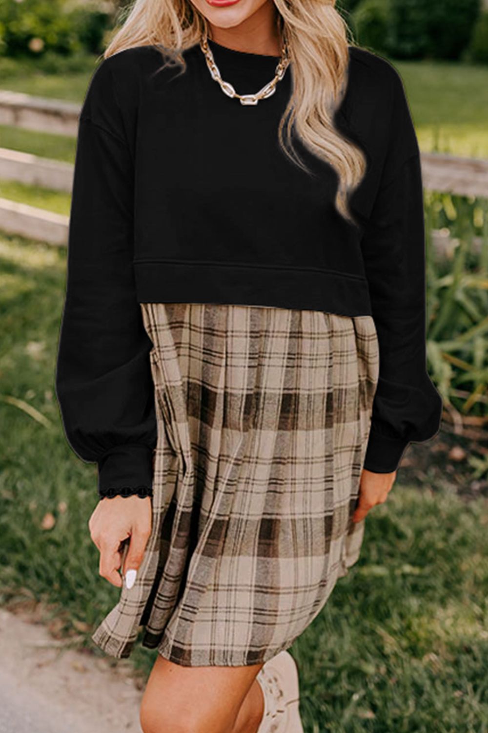 Vintage Plaid Round Neck Long Sleeve Mini Dress Cozy & Stylish Dress Retro Design Dress For Party