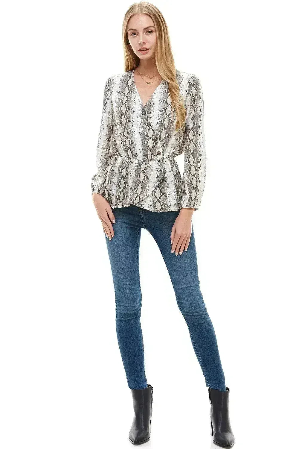 Snake V neck Button Front Peplum Long Sleeve Blouse Top | Femstylo