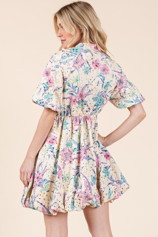 New Summer Floral Eyelet Lace Puff Sleeve Mini Shirt Dress For Women – Elegant, Trendy, Chic and Feminine Mini Shirt Dress with Puff Sleeves and Floral Eyelet Lace