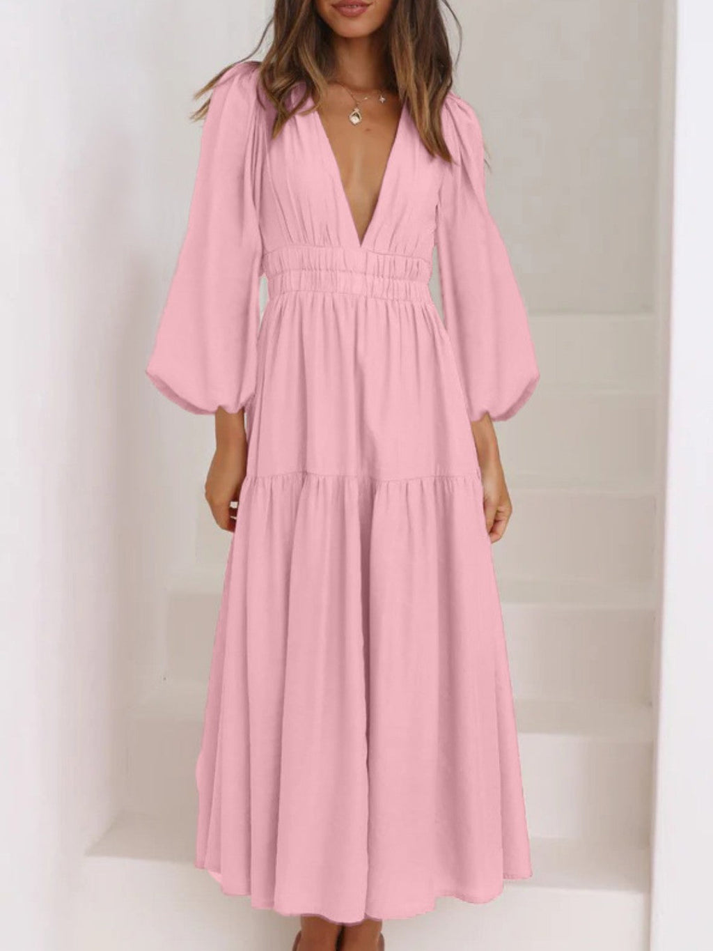 Lightweight Deep V-Neck Balloon Sleeve Maxi Dress Elegant & Flowing Silhouette Unique Dress