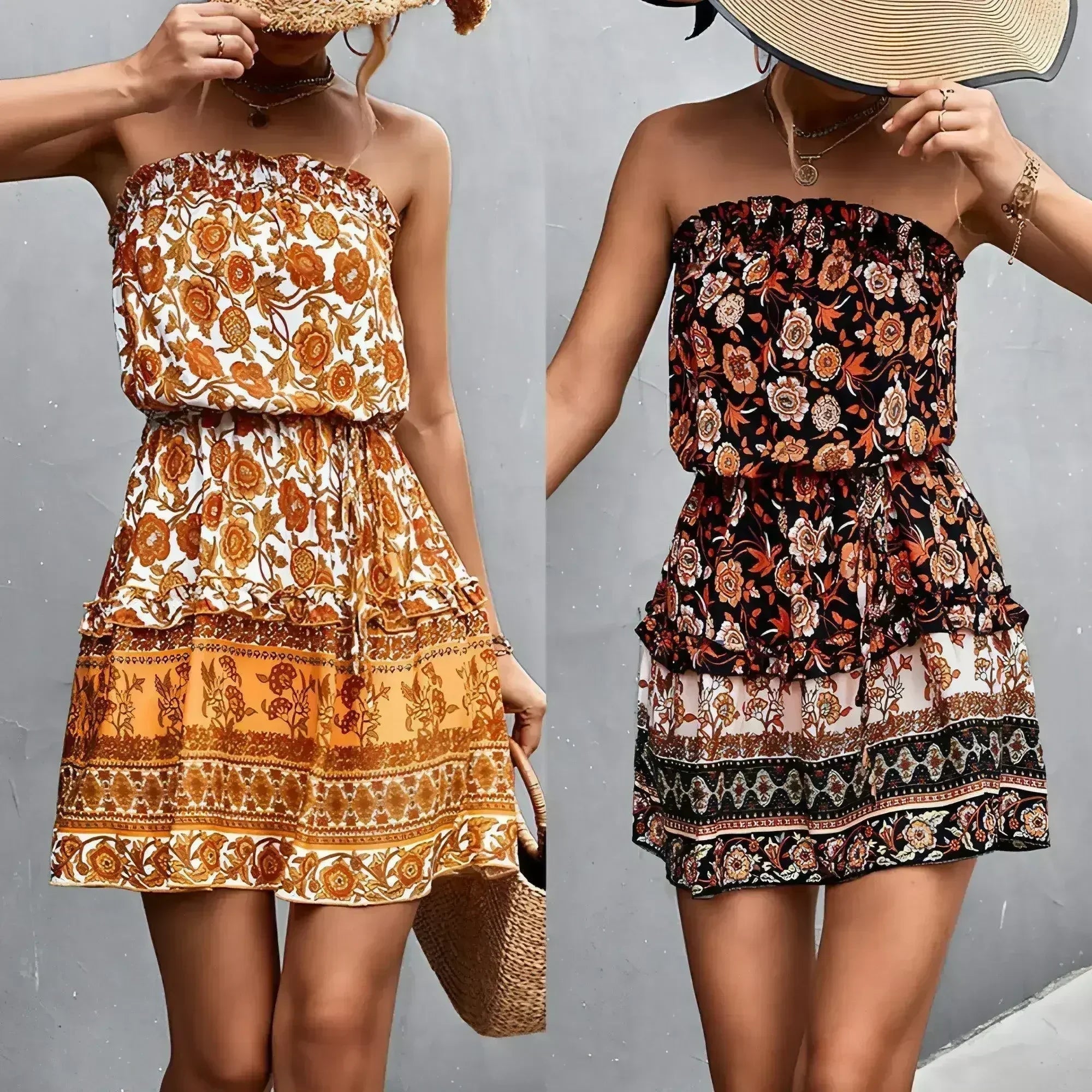 Women's Bohemian Floral Print Strapless Dress Summer Beach Dress