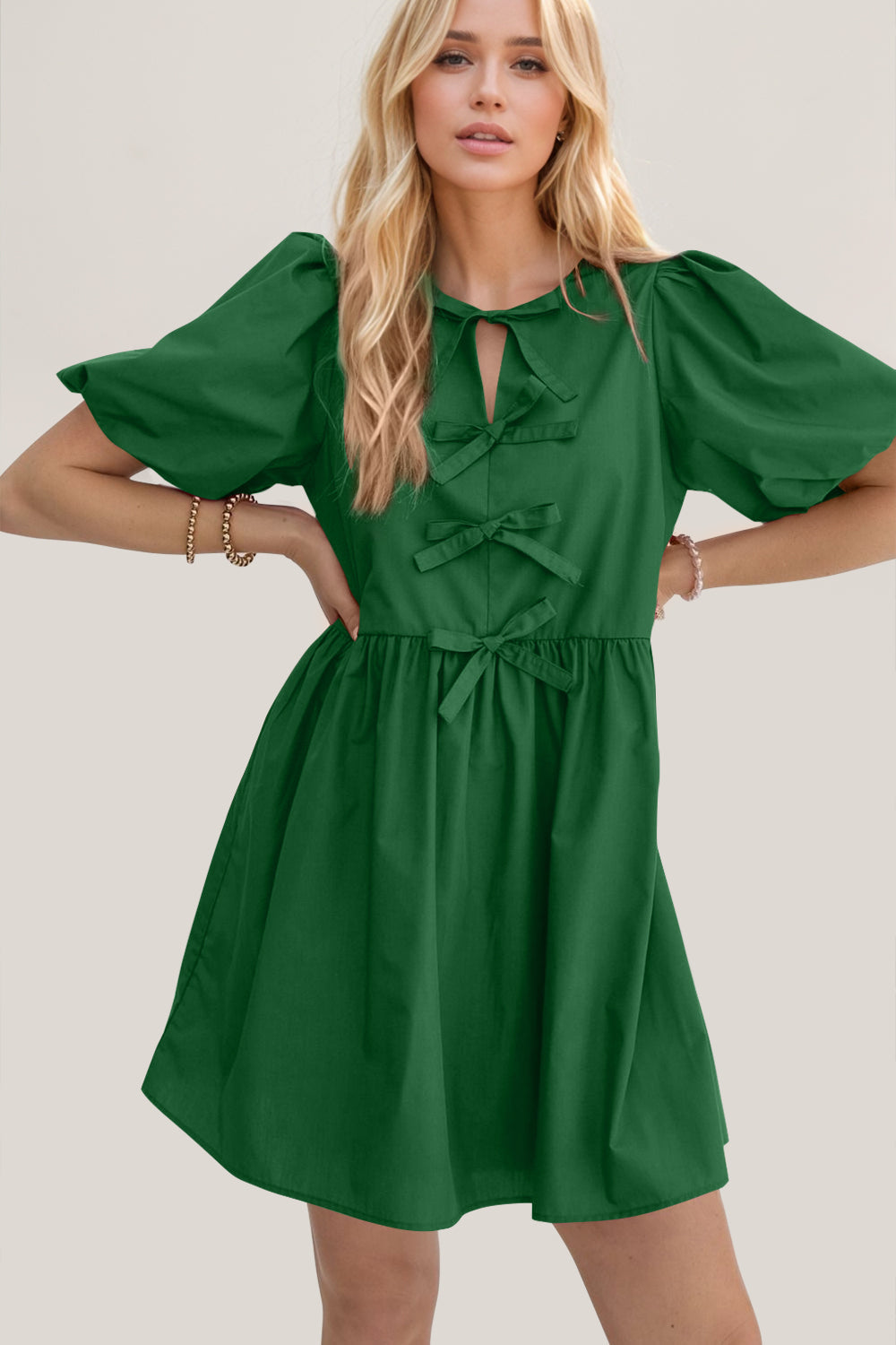 Elegant Ruched Puff Sleeve Mini Dress Vintage Bow Detail Cute Short Dress for Women