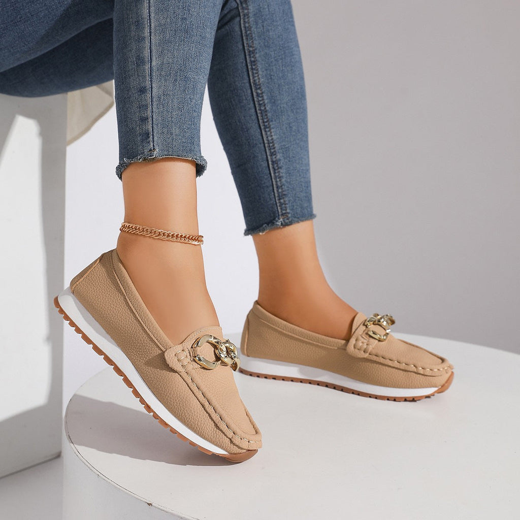 Women's Metal Buckle Slip-On Loafers - Casual Suede Leather Comfort Shoes