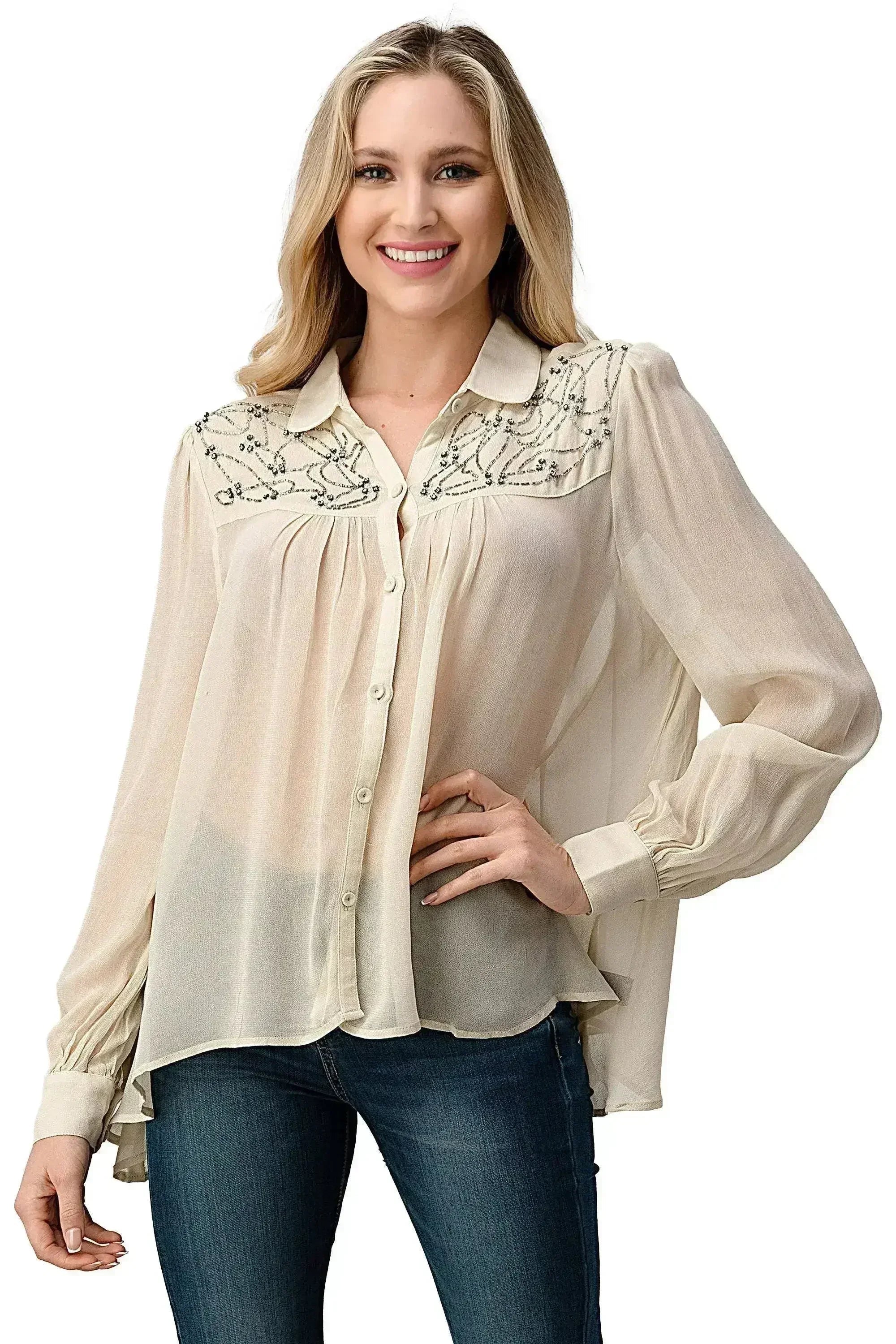 Embroidered Sheer Blouse - Beaded Jewel Trim Button-Up Top | Femstylo