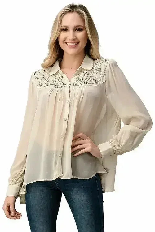 Embroidered Sheer Blouse - Beaded Jewel Trim Button-Up Top | Femstylo
