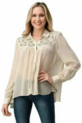 Embroidered Sheer Blouse - Beaded Jewel Trim Button-Up Top | Femstylo