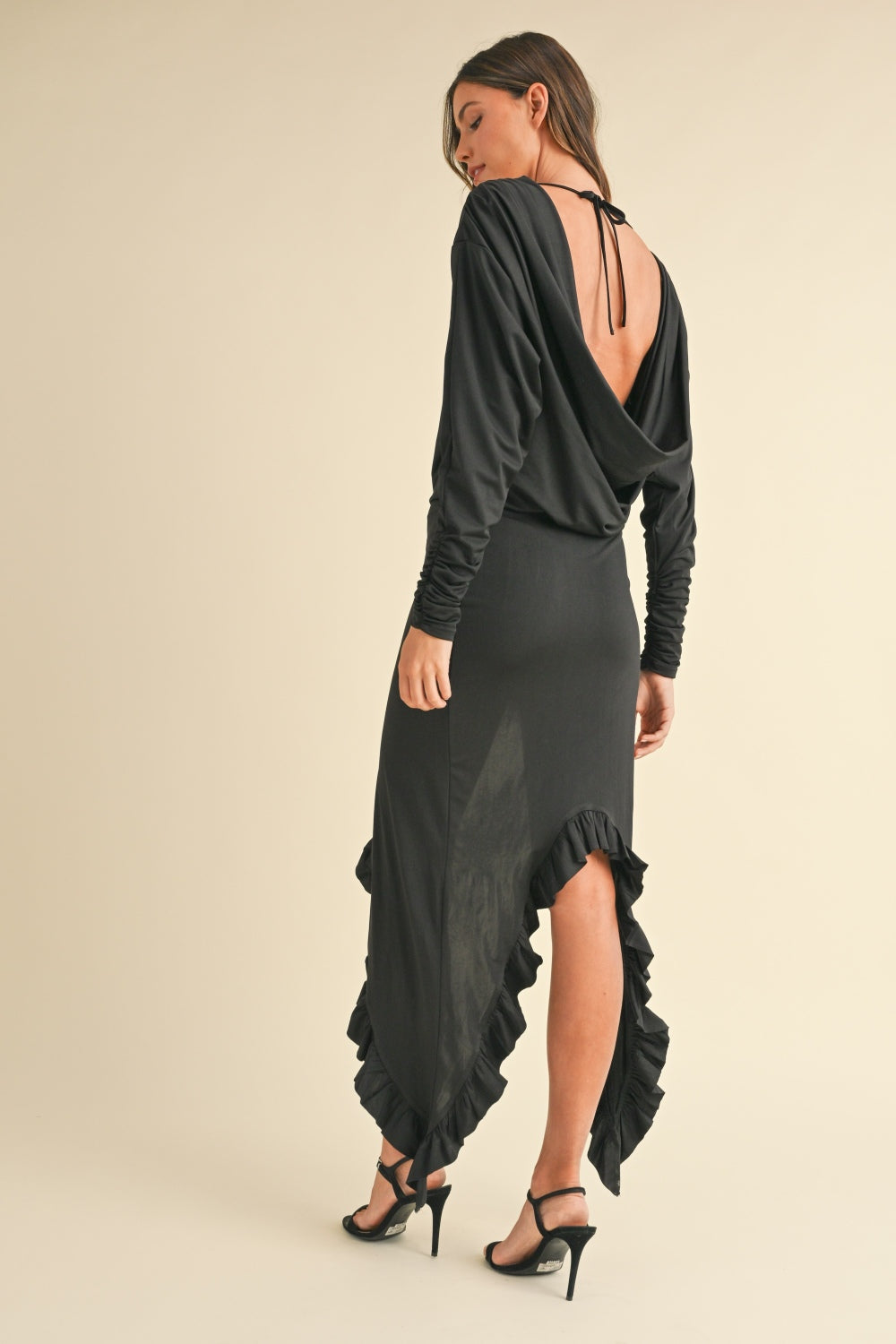 Backless Asymmetric Ruffle Hem Dress – Elegant Backless Dress, Asymmetric Dress, Ruffle Hem Dress, Sexy Evening Dress, Statement Dress For Special Occasions