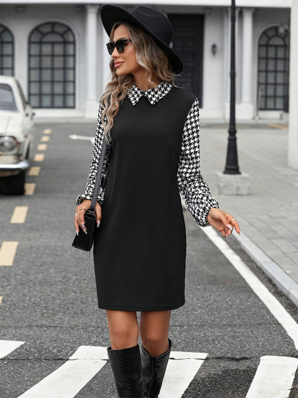 Timeless Black Collared Neck Long Sleeve Mini Dress Vintage Design Classic Women Dress