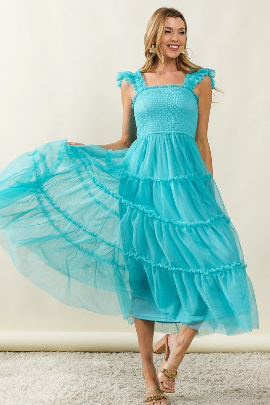 Frill Mesh Tiered Midi Dress For Women – Fluttering, Elegant, Romantic Frill Design with Mesh Details for a Feminine Silhouette