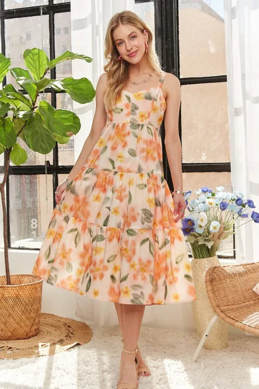 Smocked Back Floral Adjustable Strap Midi Dress  For Women – Feminine, Floral, Fluttering, Comfortable Midi Dress