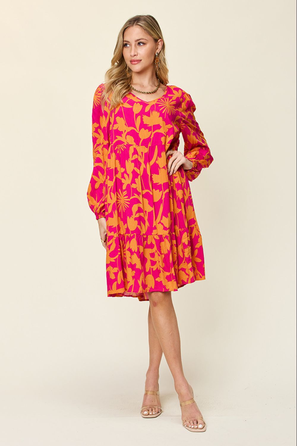 Double Take Full Size Printed Ruffle Hem Dress with Pocket Stylish & Functional Women Dress